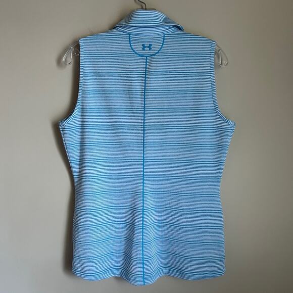 Under Armour Blue/White Striped Heat Gear Fitted Sleeveless Golf Polo Size Large - Picture 5 of 13